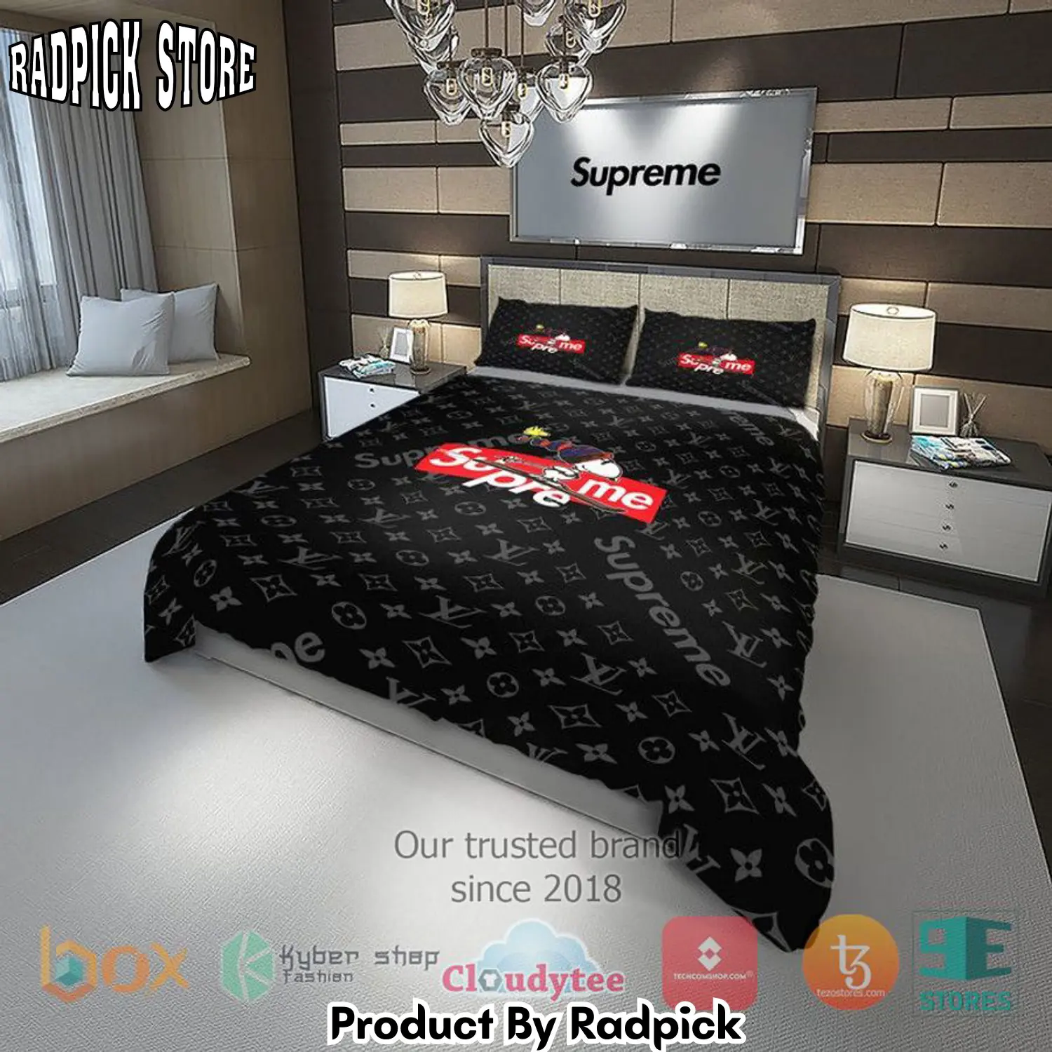 Radpick snoopy supreme louis vuitton black bedding set rp3272220